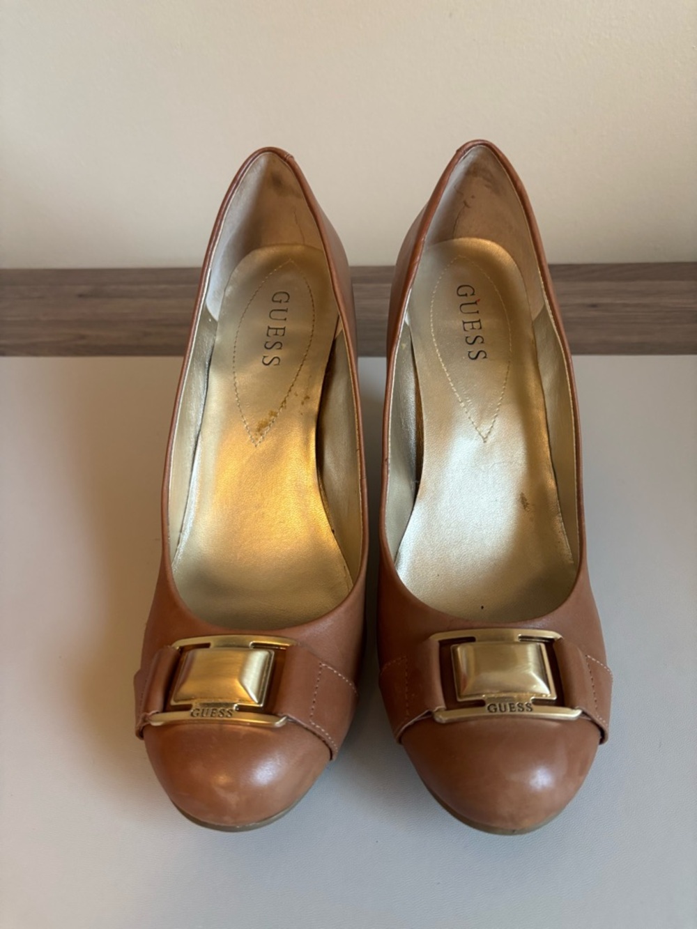 Guess Women’s Brown Leather Pumps with Gold Buckle